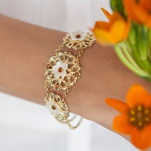 Bracelet en or de champagne, bracelet romantique, bracelet de fleur d'or et blanc, bracelet d'or blanc image 1