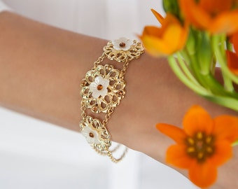 Champagne gold bracelet, Romantic bracelet, Gold and white flower bracelet, White gold bracelet