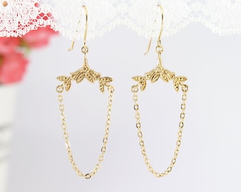 Long gold dangle earring, Boho bridal earring