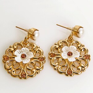Romantic Gold Flower Earrings - Bridal Crystal Earrings - Rhinestone Wedding Earrings - Gold Bridal Earrings image 5