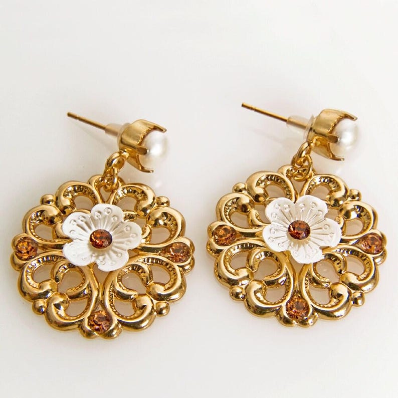 Romantic Gold Flower Earrings - Bridal Crystal Earrings - Rhinestone Wedding Earrings - Gold Bridal Earrings image 5