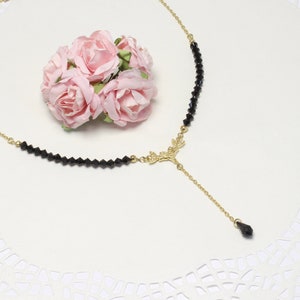 Black Y necklace, Lariat necklace, Y drop necklace with crystals, Short y necklace, Gold black necklace