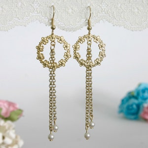 Gold bridal earrings, Long floral earrings, Gold wedding earrings, Pendant earrings
