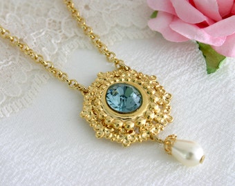 Collier aigue-marine en or, mariage bleu clair, collier pendentif rond