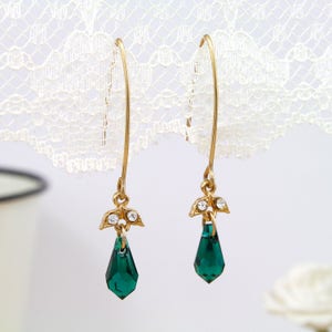Green drop earrings, Green dangle earrings, Green earrings, Green gift, Green and gold earrings, Green long earrings image 3
