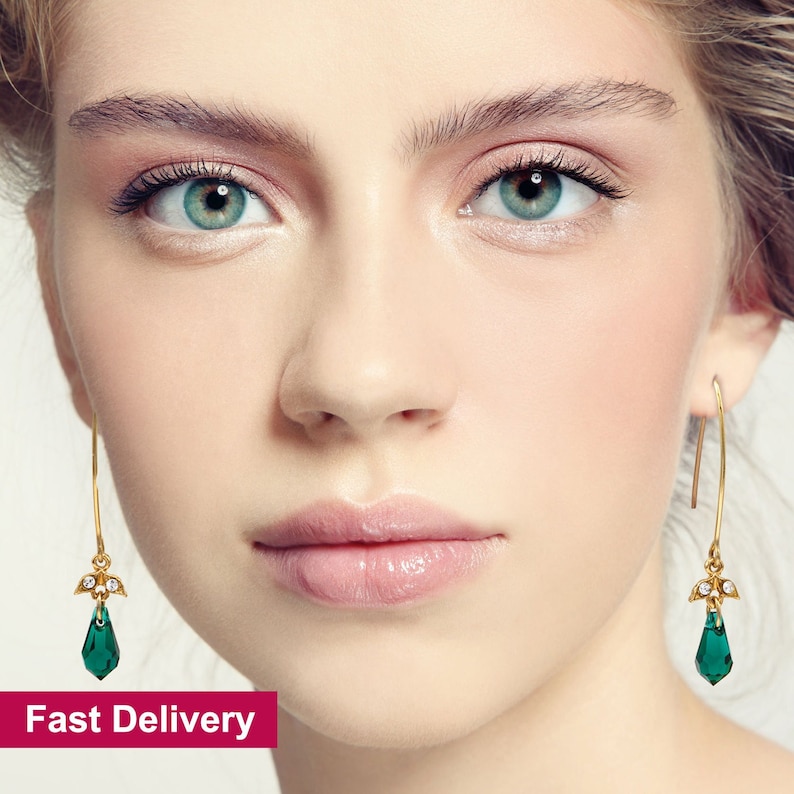 Green drop earrings, Green dangle earrings, Green earrings, Green gift, Green and gold earrings, Green long earrings image 1