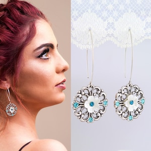 Turquoise floral earrings, Turquoise silver flower earrings, Turquoise Long earrings, Turquoise flowers earrings