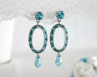 Tear drop blue earrings, Swarovski earrings dangle, Light blue crystals earrings, Blue oval earrings