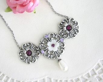 Silver floral necklace with purple crystals, Statement filigree necklace for a purple wedding