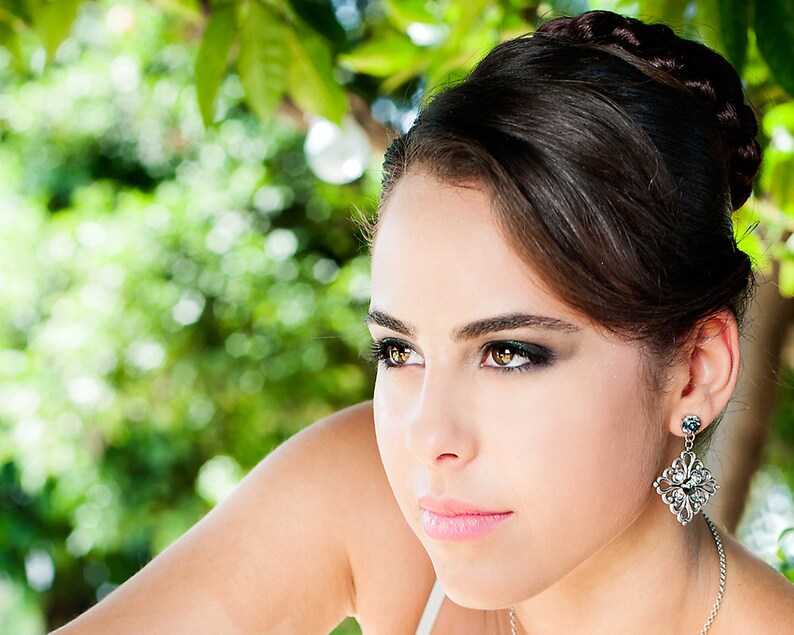 Peut inclure: Une femme aux cheveux bruns fonc&eacute;s coiff&eacute;s en chignon tress&eacute;, portant des boucles d'oreilles argent&eacute;es avec un motif floral. Elle porte un maquillage des yeux fonc&eacute; et regarde de c&ocirc;t&eacute;. L'arri&egrave;re-plan est flou et pr&eacute;sente un feuillage vert.