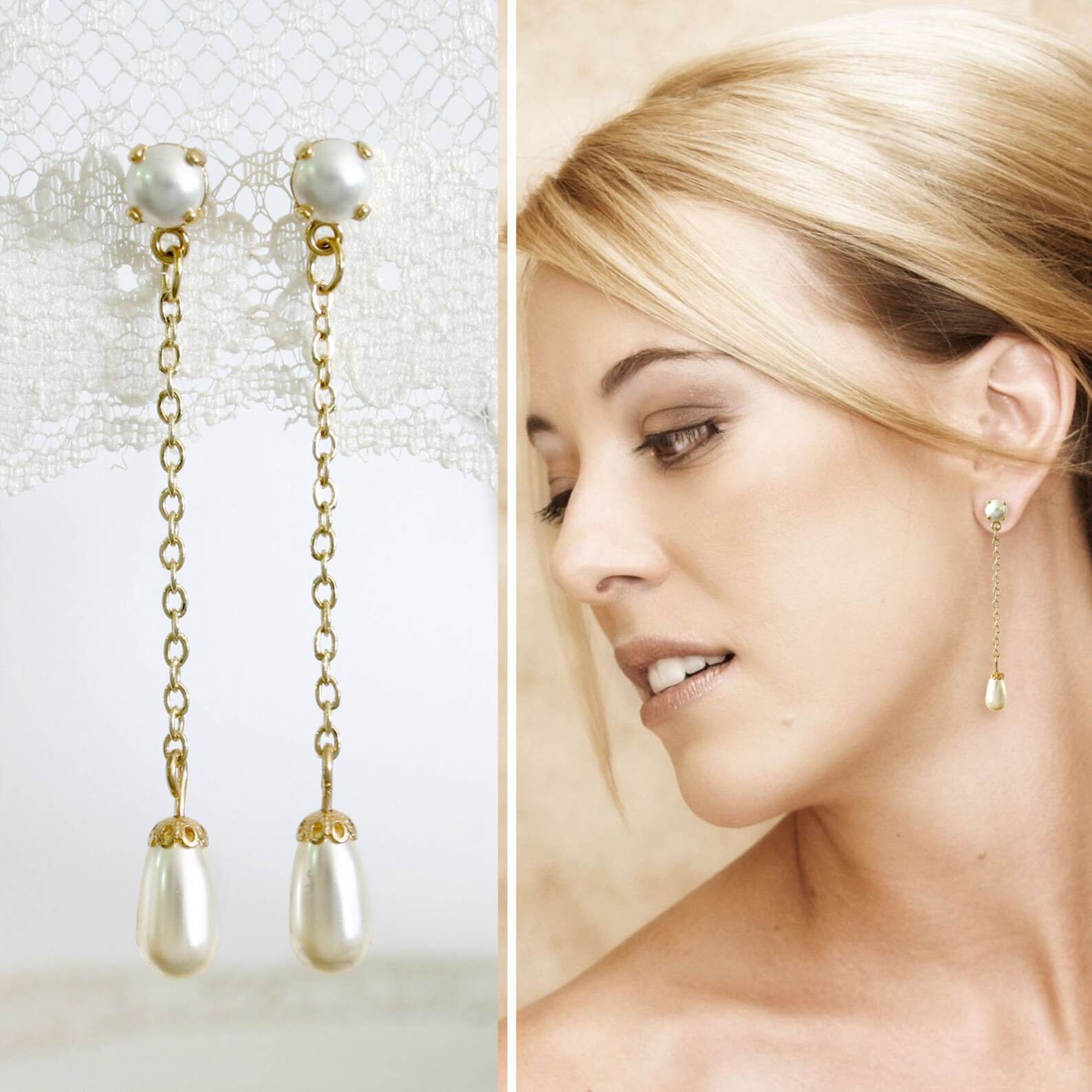 White Gold Earrings Long Pearls Earrings Pearl Drop Etsy