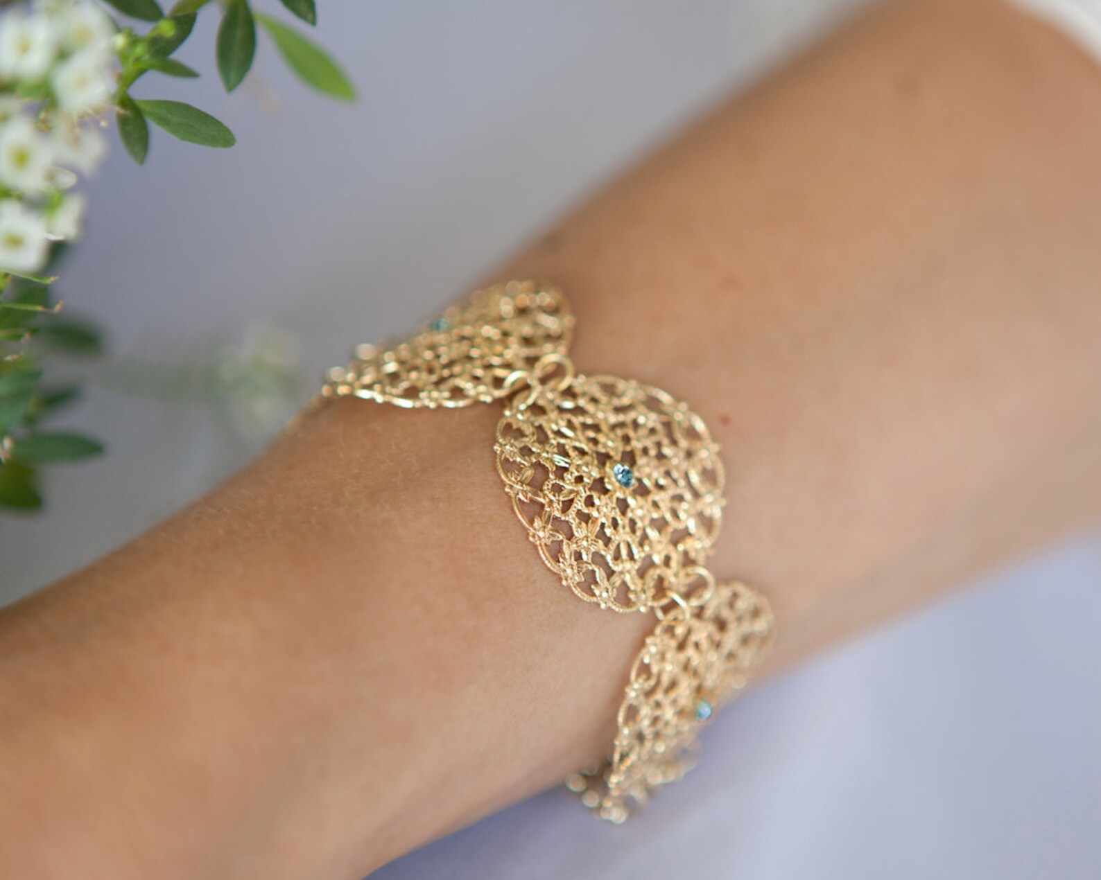 Gold Lace Bracelet With Blue Crystals Gold Statement Jewelry Etsy Israel