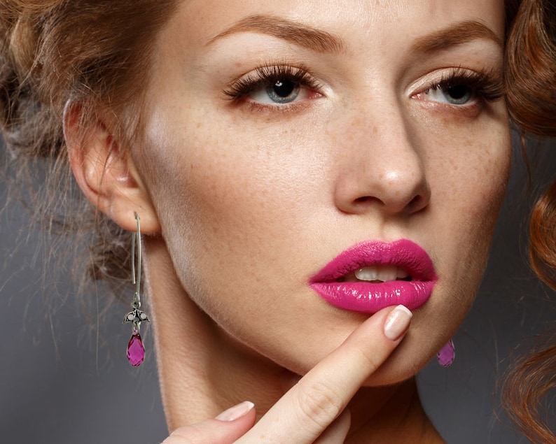 Hot Pink Earrings Fuchsia Earrings Silver Teardrop Earrings Party Earrings Elegant Earrings