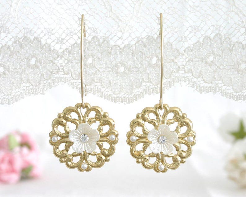 Romantic Gold Flower Earrings - Bridal Crystal Earrings - Rhinestone Wedding Earrings - Gold Bridal Earrings image 3