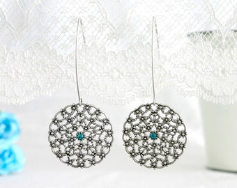 Silver circle earrings, Silver filigree earrings for women, Long round earrings, Teal blue silver earrings