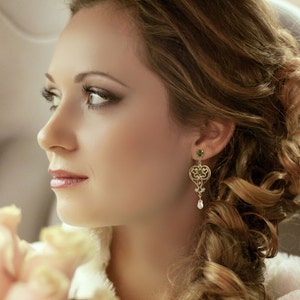 Gold heart dangle earrings, Drop earrings heart, Gold heart earrings