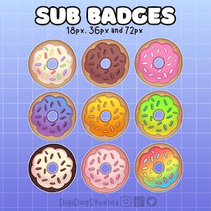 May include: Nine colorful donut-themed sub badges with various frosting and sprinkle designs. The text "SUB BADGES" is at the top, with size specifications. The donuts have different colors, including pink, brown, and blue.
