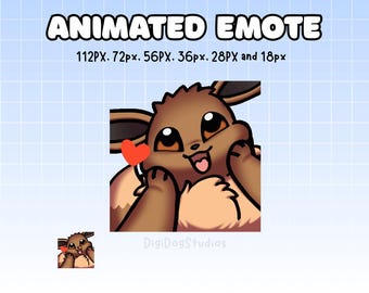 Puede incluir: Emoticono animado con un personaje de dibujos animados marrón con ojos grandes, sosteniendo un corazón rojo. El personaje sonríe con la lengua fuera. El texto en la parte superior dice "ANIMATED EMOTE" con dimensiones en píxeles.