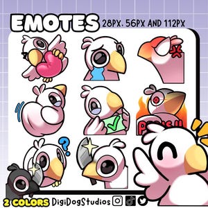 Puede incluir: Un conjunto de emoticonos de pájaros de dibujos animados que expresan diversas emociones, como amor, tristeza e ira. Los emoticonos son predominantemente blancos, rosas y amarillos. La imagen incluye el texto "EMOTES" y "2 COLORS", junto con iconos de redes sociales.