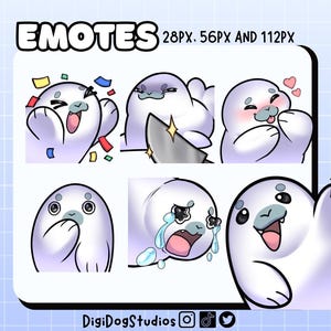 Puede incluir: Un conjunto de emoticonos digitales con focas de dibujos animados en varias expresiones. Los emoticonos incluyen una foca con confeti, una foca con un cuchillo, una foca sonrojada, una foca sorprendida, una foca llorando y una foca saludando. El texto en la parte superior dice "EMOTES 28PX. 56PX AND 112PX".