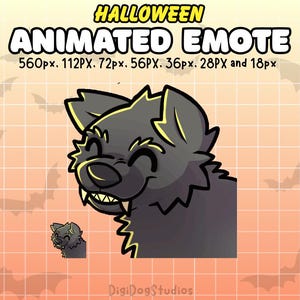 Pode incluir: Um emote animado com tema de Halloween com um lobo de desenho animado sorrindo com dentes afiados. A imagem inclui o texto "HALLOWEEN ANIMATED EMOTE" e várias dimensões de tamanho de pixel. O fundo tem um padrão de grade e silhuetas de morcegos.