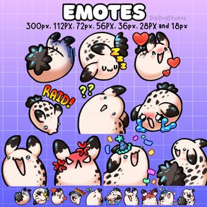 Può includere: Una collezione di emote di cartoni animati con una creatura bianca con macchie e accenti neri. Le emote mostrano varie espressioni, tra cui dormire, piangere e festeggiare. Il testo "EMOTES" e le dimensioni dei pixel sono inclusi.