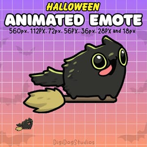 May include: A Halloween-themed animated emote featuring a cartoon black cat riding a broom. The cat has large eyes and a pink tongue. The background is a gradient of purple and orange with bat silhouettes.