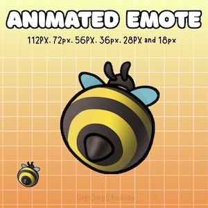 Può includere: Emoticon animato di un'ape dei cartoni animati con strisce gialle e nere, ali blu e un pungiglione nero. L'immagine include il testo "ANIMATED EMOTE" e le dimensioni in pixel su uno sfondo a griglia arancione.