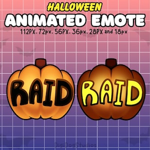 Op de afbeelding: Geanimeerde Halloween-emote met twee pompoenontwerpen met het woord "RAID" in vette letters. De tekst "HALLOWEEN ANIMATED EMOTE" staat bovenaan, met de pixelgroottes eronder. De achtergrond is een raster met vleermuissilhouetten.