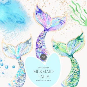 Queues de sirène aquarelle et paillettes - ensemble de cliparts sirène - paillettes - queues de sirène irisées - Clipart pour enfants - clipart sous-marin