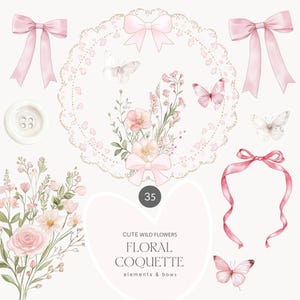 Clipart fleurs sauvages et coquettes - rubans roses - fleurs sauvages rose poudré - noeuds - cadres aquarelles - cadres coquettes - fleurs sauvages aquarelles