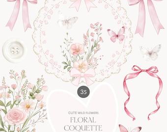 Wild Flower & Coquette Clipart - Pink Ribbons - Blush Wild Flowers - Bows - Watercolor Frames - Coquette Frames - Watercolor Wild Flowers