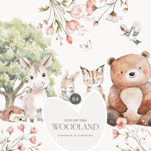 Clipart di simpatici animali del bosco ad acquerello - Clipart di simpatici escursionisti ad acquerello - Clipart per bambini - Creature del bosco - Bambini boho