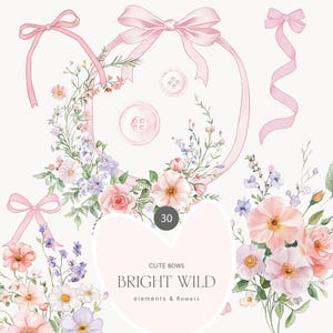 Blush & bunte Aquarell Wildblumen Clipart - Wilde Blumen und Bänder - Kokette Bänder - Bandrahmen - Wilde Blumenkränze - Schleifen
