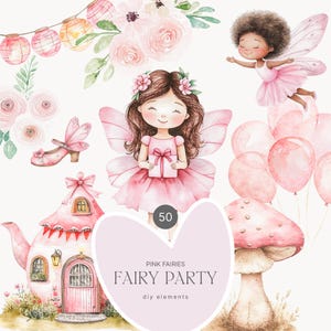Clipart fata rosa acquerello - Clipart carino Kingdom - Clipart festa fata - Fata acquerello - Casa fata