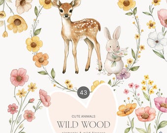 Watercolor Wild Flower Clipart - Woodland Animals - Cute Animals - Wild Flower Borders - Wild Florals - Woodland Flowers