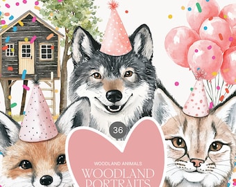 Watercolor Woodland Party Portraits - Woodland Animals Portraits - Watercolor Party in the Woods Clipart - Clipart Set