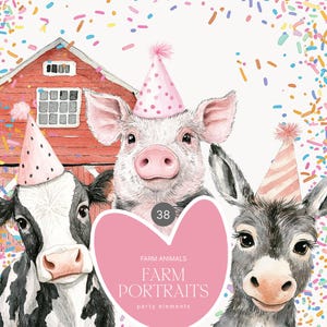 Aquarela Fazenda Festa Animais Clipart - Divertido Fazenda Animais - Fazenda Festa - Convite Festa Clipart - Confete - Celeiro