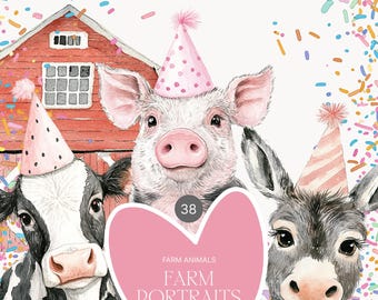 Watercolor Farm Party Animals Clipart - Fun Farm Animals - Farm Party - Party Invitation Clipart - Confetti - Barn