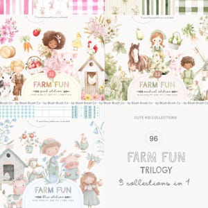 Aquarel leuke boerderijtrilogiebundel - boerderijfeestbundel - boerderijdieren - gingham - naadloze patronen - preppy - coquette - rustieke clipart