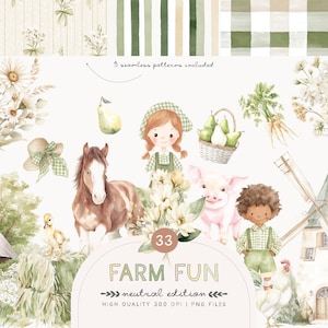 Conjunto de fazenda em aquarela - Conjunto de fazenda verde neutro - Clipart de berçário - Fazenda de berçário - Animais de fazenda - Aquarela de fazenda fofa