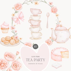 Clipart carino per festa del tè con acquerello - Festa del tè rosa antico - Clipart rosa - Clipart rosa - Mazzi di rose - Festa del tè con rose - Clipart di dolci