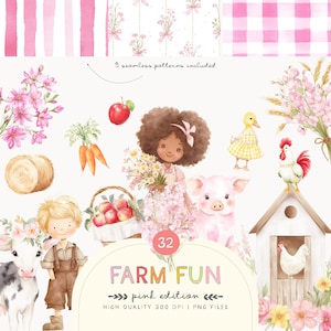 Clipart fête à la ferme rose aquarelle - ensemble de ferme - animaux de la ferme - pommes - Vichy - ferme rustique - ensemble de cliparts rustique - aquarelle