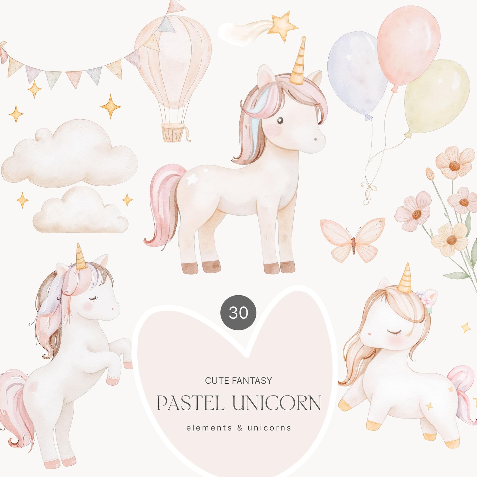 Pastel Unicorn Watercolor Clipart - Cute Unicorns - Clipart for Kids ...