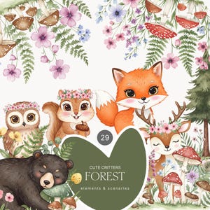 Aquarelle mignon animaux de la forêt Clipart - Clipart forêt - bois - créatures sauvages - Clipart fête des bois - champignons - fleurs