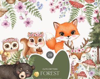 Watercolor Cute Forest Animals Clipart - Woodland Clipart - Woods - Wild Critters - Woodland Party Clipart - Mushrooms - Flowers
