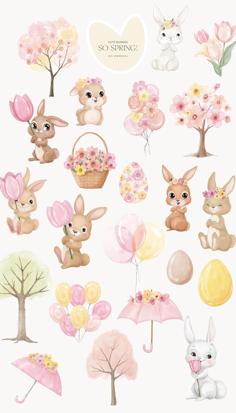 Watercolor Spring Bunnies Clipart Set - Tulip Bouquets - Spring ...