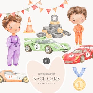 レースカーの水彩画のクリップアート - 車 - 車のコレクションのクリップアート - レースのクリップアート - 男の子のドライバー - レースカーのドライバー - 子供向けのクリップアート
