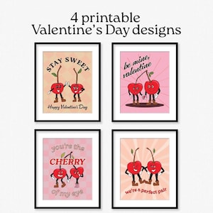 Cute Retro Cherry Valentines Printable, Download Valentine Poster Card Graphic, Vintage Cherry Heart Illustration, Aesthetic V-Day Decor