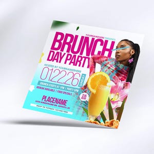 K&ouml;nnte beinhalten: Ein farbenfroher Flyer f&uuml;r eine Brunch-Party am Sonntag, den 22. Januar 2026. Der Flyer zeigt eine Frau in einem Batik-Shirt, ein Glas Orangensaft und eine Orangenscheibe. Der Text auf dem Flyer lautet "YOURNAMEHERE PRESENTS BRUNCH DAY PARTY HOSTED BY YOURNAMERHERE 0122.26 SUNDAY BRUNCH STARTS AT 1PM | PARTY SPM HOOKAH AVAILABLE | FOOD SPECIALS PLACENAME 1234 STREETNAME RD. ANYCITY, ST RSVP TO TIFFANY 123-456-7890 15&euro; EINTRITT".